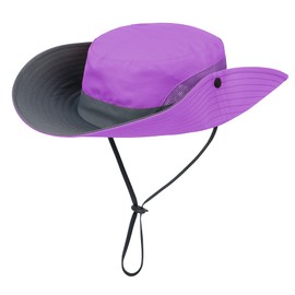 Zando Girls' UPF 50+ Sun Hat, Wide Brim Adjustable Hat with Ponytail Hole, Foldable Safari Hat for Kids Summer Beach Hat, Purple-Grey, 8-12 Years