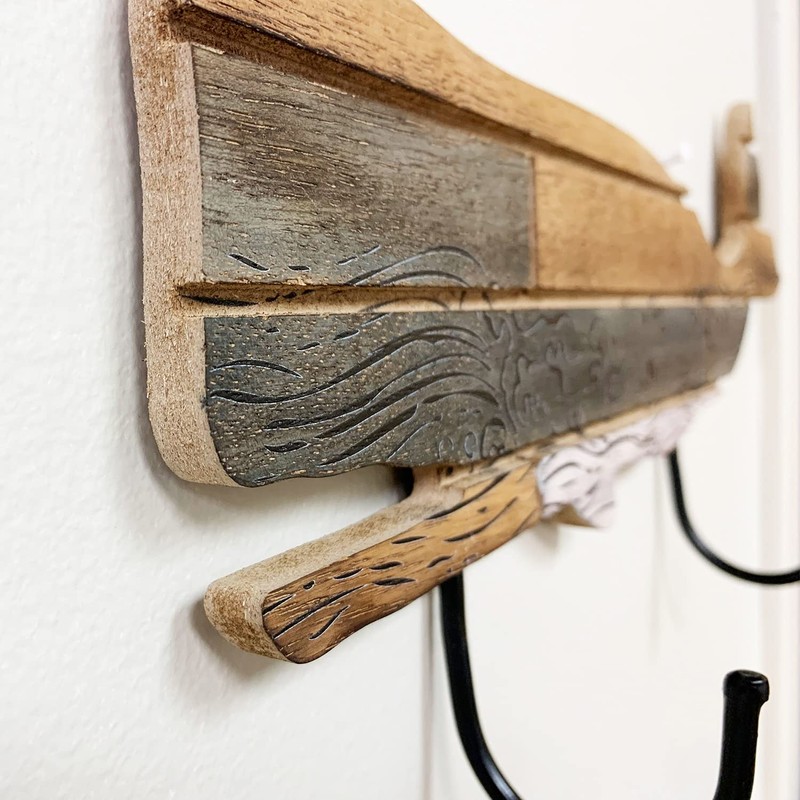 YUMBOR Rustic Wooden Nautical Hanging Whale Wall Hook, Distressed Storage