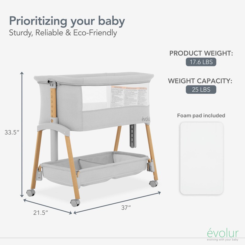 Evolur Lullaby Bedside Bassinet with Wheels, Seven Adjustable Heights, Breathable