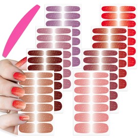 SILPECWEE 8 Sheets Nail Stickers Full Nail Wraps (Red Gradient Fine Glitter), Self Adhesive Nail Polish Strips, Gel Strips Design Fingernail Sticker Nails for Women with File