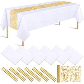 Peryiter 12 Polyester Rectangle Tablecloth 60 x 102'' and Sequin Gold Table Runner, Decorative Fabric Waterproof Table Cover Set for Christmas New Year Wedding Dinner Anniversary Party(White)