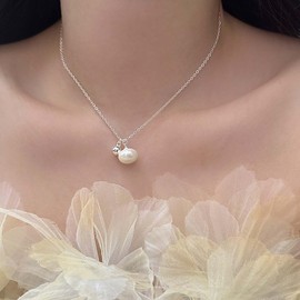 Xduargs Boho Pearl Necklace Choker Vintage Pearl Necklace Choker Necklace Silver Ball Pearl Pendant Necklace Minimalist Floating Pearl Necklace Chain For Women, Zinc, No Gemstone