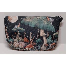 Unbranded Moon, Green Mushrooms & Snails Patterned Cosmetic Bag. 8"×5". New