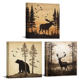 GLOKAKA Set of 3 Wild Animal Canvas Wall Art Rustic Cabin Decor Mountain Animals Deer Moose Bear Woodland Pictures Farmhouse Wildlife Painting for Log Cabin Bedroom Bathroom Decor