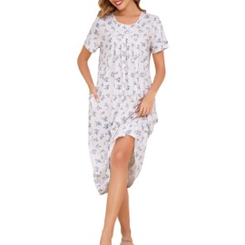 Vlazom Women's Long Nightgown Pleated Casual Nightdress Short Sleeve Soft Nighties Nightwear with Pockets,Blue Pattern,L