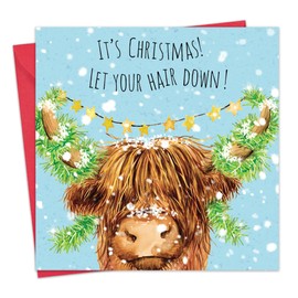 Twizler Funny Christmas Card Scottish Highland Cow - Merry Christmas Card Funny - Scotland Xmas Card - Womens Christmas Card For Wife Mum Daughter Girlfriend Partner Sister Nan