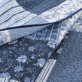 DDUOXIN Plaid Quilt Set - 100% Cotton Farmhouse Queen Quilt with 2 Pillow Shams, Lightweight Comforter Bedspread Soft 3 Piece Bedding Set for All Seasons, Blue/White, Queen