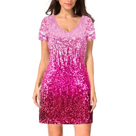 MANER Women's Sequin Glitter Short Sleeve Dress Sexy V Neck Mini Party Club Bodycon Gowns(M,Bright Pink/Rose Red/Red)