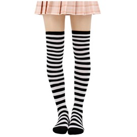 DAZCOS Striped Thigh High Socks Elastic Over The Knee Knit Stockings for Daily or Anime Cosplay (Purple+White)