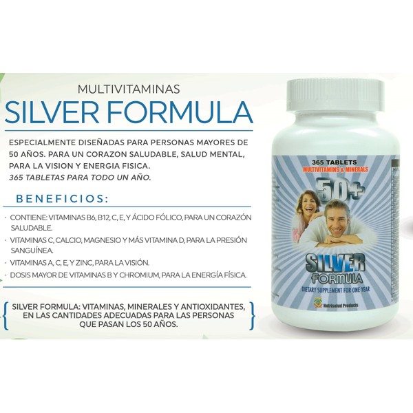Nutrisalud Products Silver Formula. Multivitaminas para mayores de 50 anos. 365 tabletas para todo 1 año. para un Corazon saludable, salud Mental, para la Vision y energia fisica.