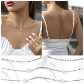 Yheakne Boho Pearl Backdrop Necklace Pearl Back Chain Necklace Silver Long Bridal Back Drop Chain Summer Body Chain Beach Body Jewelry for Women and Girls Gifts