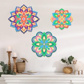 Gerrii 3 Pieces Wooden Mandala Painting Kit Mandala Wall Decor Hanging Wood Mandala to Color Art Set with 12 Markers Hanging Decor for Living Room Bedroom Office Kitchen Wall Decoration, 3 Sizes