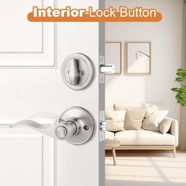 Probrico Entrance Door Lever Deadbolt Sets 3 Set Satin Nickel Exterior Entry Lever and Single Cylinder Deadbolt,Keyed Alike Combo, Keyed Handleset Lockset Exterior(for Front Door and Outside Gate)