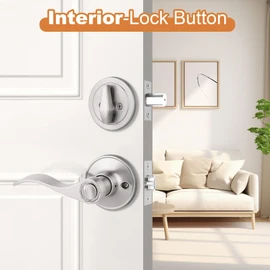 Probrico Entrance Door Lever Deadbolt Sets 3 Set Satin Nickel Exterior Entry Lever and Single Cylinder Deadbolt,Keyed Alike Combo, Keyed Handleset Lockset Exterior(for Front Door and Outside Gate)
