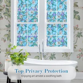 rabbitgoo Stained Glass Window Film, Anti UV Heat Blocking Window Film for Glass Window Door Covering, Static Cling Removable Decorative Window Privacy Film for Bathroom, Blue Lily, 17.5" x 78.7"