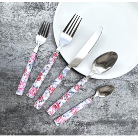 Elegant Peony Flower 20-Piece Stainless Steel Flatware Set – Durable, Modern Cutlery set, Service for 4 People, Perfect for Home, Weddings, Parties, and Everyday Use (Plastic Handle, Dishwasher Safe)