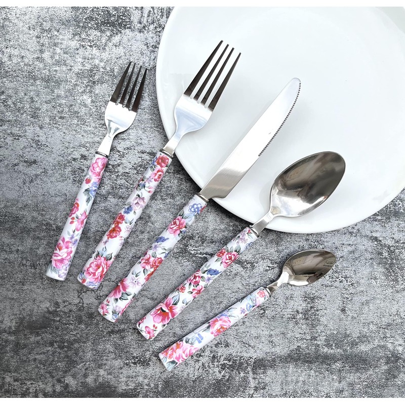 Elegant Peony Flower 20-Piece Stainless Steel Flatware Set – Durable,