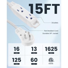 SURAIELEC 360° Rotating Extension Cord 15FT with Multiple Outlets, 3-Outlet Braided Flat Wall Plug, 16 AWG Thin White Extension Cord for Christmas Lights, Small Spaces, Right Angle Socket, ETL Listed