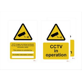 CCTV Warning Signs - 2 x 'CCTV in operation' and 1 x 'CCTV images monitored' - Size A4 - Data Compliant GDPR CCTV Sign - Semi Rigid sign