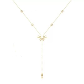 GulCean Gold Lariat Long Necklace For Women 14k Gold Plated Trendy Layered Dainty Simple Cz Beaded Chain Y-Shaped Sun Moon Drop Pendant Necklace Statement Prom Jewelry For Woman Gift (Gold-A)