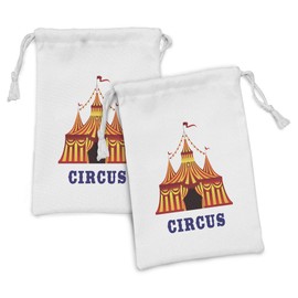 Ambesonne Circus Fabric Pouch Set of 2, Illustration of Old Striped Tent in Retro Style Old Fashion Joy Theater Art, Small Drawstring Bag for Toiletries Masks and Favors, 9" x 6", Red Yellow White