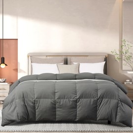 All Season Aesthetic Pretty Grey Color Glam Feather Down Comforter King Size | Casual Premium Solid Color Box Stitch Pattern Microfiber Material | Lightweight Ultra Soft Cozy Plush Farmhouse Bedding