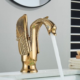 NDZZQBPGO Gold Swan Bathroom Sink Faucet Copper Basin Faucet Deck Mount Single Hole WaterTaps Hot and Cold Mixer Wash Basin Faucet Tapware(Polished Gold Short)
