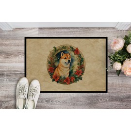 Caroline's Treasures DAC2430MAT Shiba Inu Christmas Flowers Doormat Front Door Mat Indoor Outdoor Rugs for Entryway, Non Slip Washable Low Pile, 18H X 27W