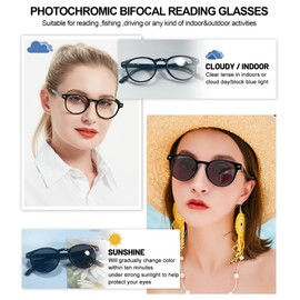 OCCI CHIARI Photochromic Bifocal Reading Glasses Women,Transition Round UV Protection Sunglasses Readers 1.0 1.5 2.0 2.5 3.0 3.5 4.0(Black +100)