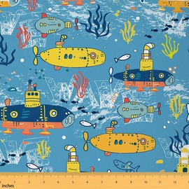Feelyou Sailboat Fabric by The Yard 1 Yard Ocean Creature Submarine Decorative Waterproof Outdoor Fabric Marine Animals Upholstery Fabric Summer Blue Sea Adventure DIY Reupholstery Fabric