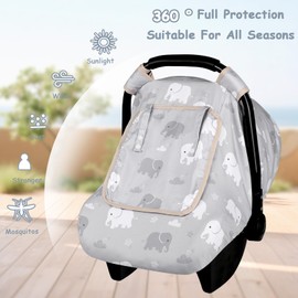 Windproof Baby Car Seat Cover, 3D Mink Dot Infant Car Seat Canopy with Breathable Mesh Window, Baby Carrier for All Seasons, Easy Access Carseat Covers Snug Fit Infant Stroller(Elephant)