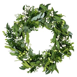 TETOU 20" Artificial Eucalyptus Wreath for Front Door, 7 Greenery Varieties with Berries, Lush Green Wreath for Home Decor Spring Porch Wall Farmhouse Decoration