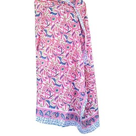 Craft N Copper Fabric Pure Cotton Hand Block Print Sarong Women's Swimsuit Wrap Cover Up Long (73'' x 44'') Pink-1, One Size-Medium