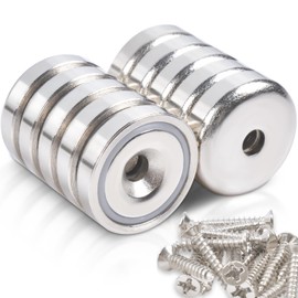 Pack of 10 Neodymium Magnets Extra Strong 10 kg Force 20 x 7 mm with Hole and Capsule, Countersunk Pot Magnet with Screws, Magnets Strong for Kitchens, Fridges, Bathrooms, Magnetic Board, Offices