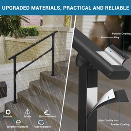 Hand Rails for Outdoor Steps Railing Kit, Deck Porch Railing Kit, 6 Steps Stair Handrails, Indoor Metal Stair Railing for Exterior Concrete, Brick, Wooden Steps, Black (5-6 Steps Handrail)