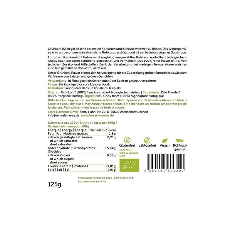 Terra Elements Organic Kale Powder 125 g I Kale I