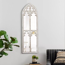 Sintosin Farmhouse Wood Frame Arched Window Mirror 12 x 38 inches, Hanging Distressed White Rustic Cathedral Hallway Mirrors for Wall, Decorative Long Mirrors for Wall Decor Living Room Entryway