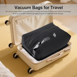 Vacuum Bags for Travel, 16L Reusable Vacuum Seal Bags for Clothing, Vacuum Seal Packing Cube for Suitcases, Backpack & Travel (Black)
