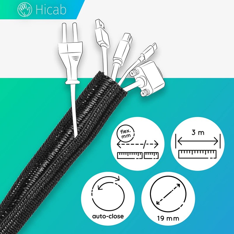 Hicab 3 m cable conduit, 19 mm, black: self-closing and