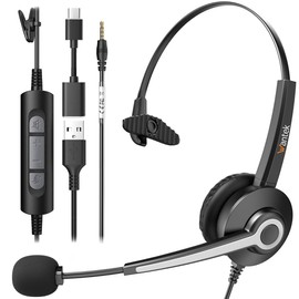 USB-A/USB C/3.5mm Jack 3-in-1 PC Headset, Wired & Noise with Noise-Cancelling Microphone for Laptop - Type-C Computer Headphones with Mic in-line Control for Home