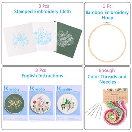 3 Pack Embroidery Starter Kit with Pattern,Kissbuty Full Range of Stamped Embroidery Kits with 3 Pcs Embroidery Fabric with Pattern,1 Pc Bamboo Embroidery Hoop,Color Threads Tools Kit (Plants Flowers)