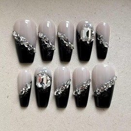 MAGLFELL MAGLFELL Handmade 3D Medium Coffin Press On Nails, French Black Gel Fake Nails, Long Lasting Reusable False Nails for Women, Easy Application Salon Manicure Designs Size M (10 Pieces