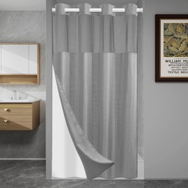 SORTTO No Hook Shower Curtain with Snap in Liner Set Waffle Shower Curtain for Bathroom Hotel Style Fabric Waterproof Inner Liner，36" W x 74" H, Grey