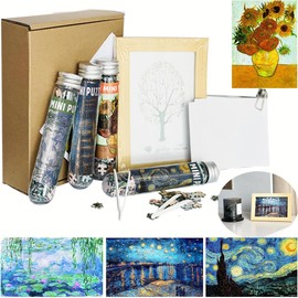 4 Pack Mini Jigsaw Puzzles for Adults Starry Night,Sunflower, Water Lilies,6 X 4 Inches Small Micro Travel Puzzles with Frame, Pattern Guide & Stickers(n-p)