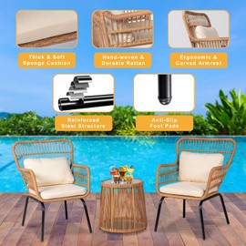 PROHIKER 3 Pieces Outdoor Wicker Bistro Patio Furniture Set, Porch Furniture Rattan Conversation Sets with Side Table and Cushions for Garden Poolside Backyard, Yellow/Beige