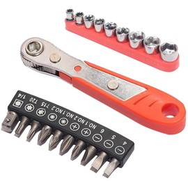 Right Angle Ratchet, Ratchet Screwdriver Set, Mini Ratchet Set, 19 Piece Set, L-Shaped Ratchet Screwdriver, Interchangeable Type, Socket Wrench Included, Right Angle Screwdriver for Space Saving