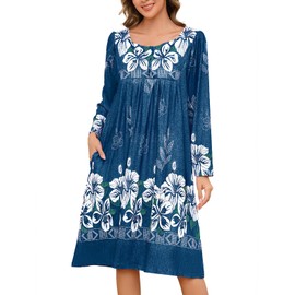 VTUOFC Long Sleeve Nightgowns for Women House Dresses Floral Print Moo Moos for Women with Pockets Mumu Moomoo Dresses Cotton Nightgowns Blue XXL