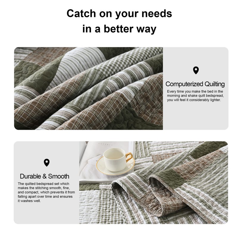 PANGUSHAN 100% Cotton Quilt Set King Size, Patchwork Plaid King