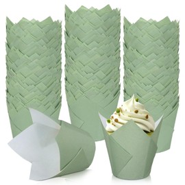 Whaline 200Pcs Sage Green Tulip Cupcake Liners Green Muffin Baking Liners Tulip Cupcake Wrappers Baking Cup for Bridal Baby Shower Wedding Birthday Party Decor