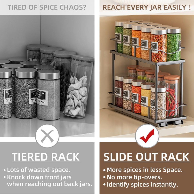 Bunoxea Pull Out Spice Rack 2 Pack,Slide Out Cabinet Spice